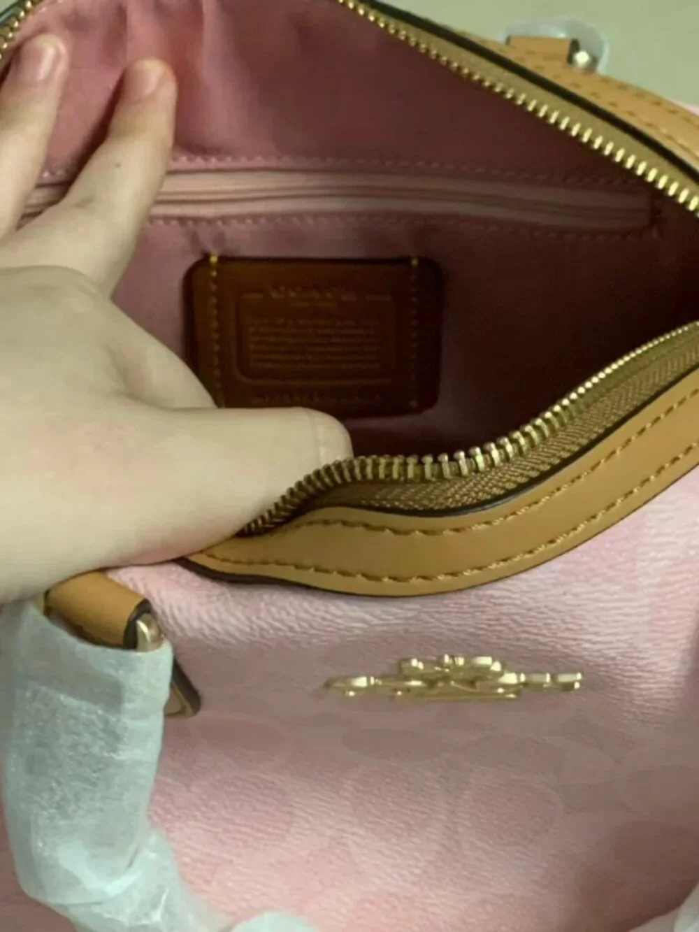 Pink Coach Signature Handbag with Leather Details